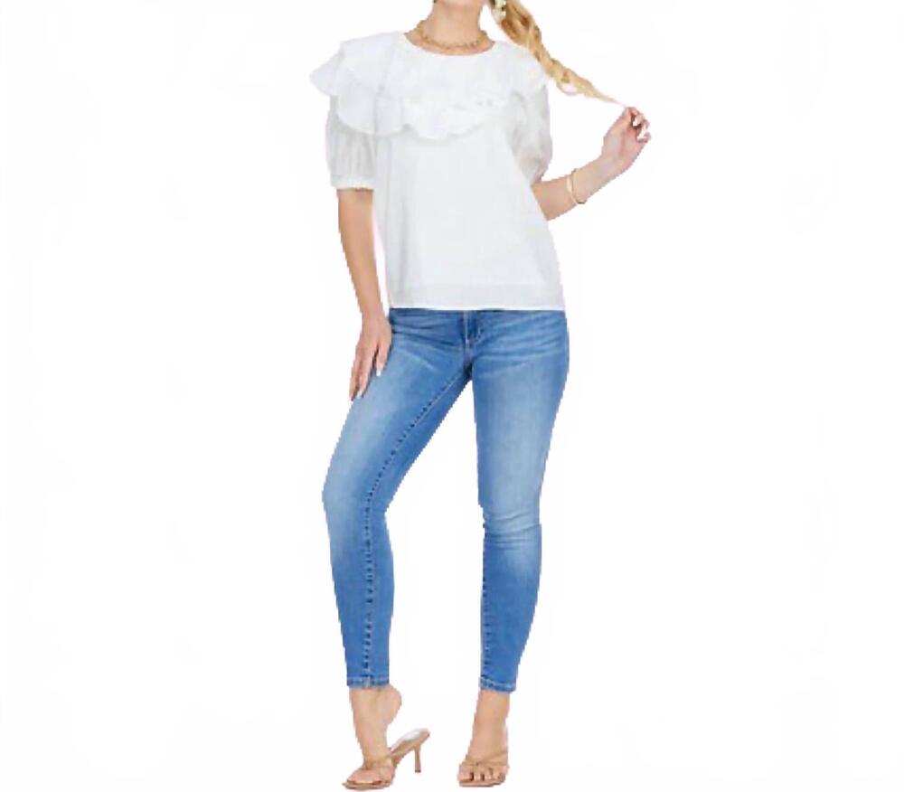 NEW JADE casual flutter neck top in white